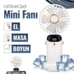 Lcd Ekranlı Şarjlı Mini El Boyun Masa Fanı, Vantilatörü-BEYAZ