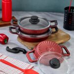 ZENA LÜX Döküm Granit Kaplama ( 3 lü ) CAM KAPAKLI Sahan Seti KIRMIZI SERİ ( 18-20-22 no )