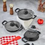 ZENA LÜX Döküm Granit Kaplama ( 3 lü ) CAM KAPAKLI Sahan Seti SİYAH SERİ ( 18-20-22 no )